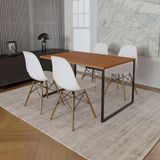 Mesa Industrial Base De Ferro Preto Tampo 137x90 Canela 4 Cadeiras Madeira Assento Branco Marrom