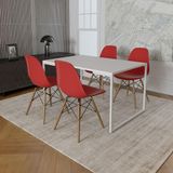 Mesa Industrial Base Ferro Branco Tampo 137x90 Branco 4 Cadeiras Madeira Assento Vermelho