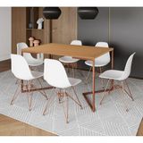 Mesa Jantar Industrial Retangular 137x90cm Canela Base V Com 6 Cadeiras Brancas Base Co Cor: Canela