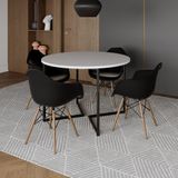 Mesa Jantar Industrial Branca 110cm Redonda Base V Ferro Preto C/4 Poltronas Pretas Madeira Branco
