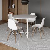 Mesa Jantar Industrial Redonda 110cm Branca Base V Ferro Branco C/4 Cadeiras Branca Base Mad Branco