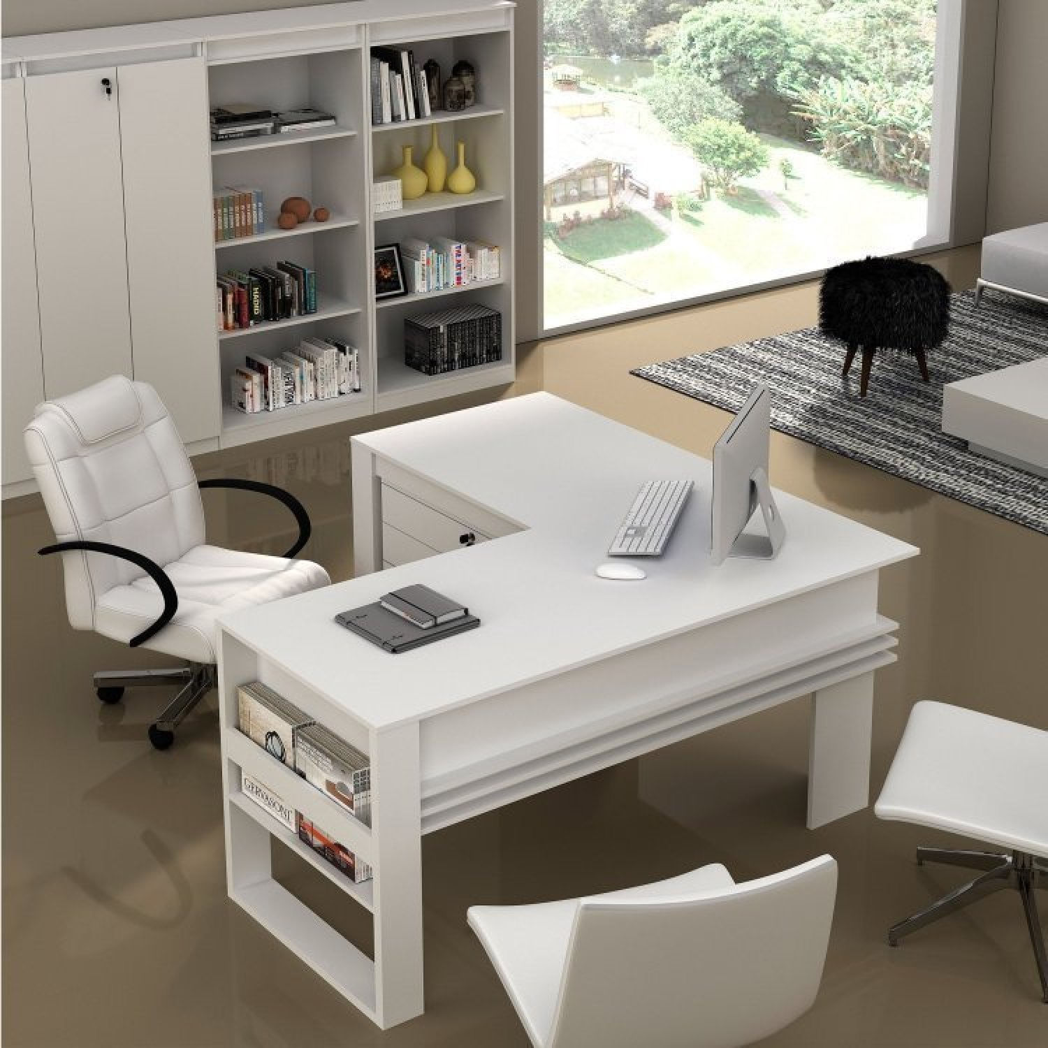 Conjunto Escritório 5 Peças Mesa L Com Gaveteiro Armário E 2 Estantes Prateleiras Espresso Móveis Branco