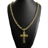 Cordão Cadeado 12mm + Pingente Cruz Pai Nosso Banhado A Ouro