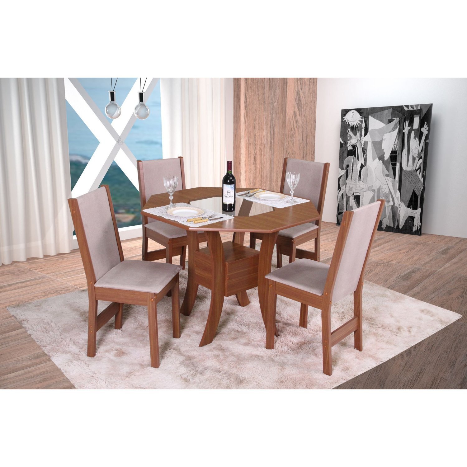 Conjunto Sala De Jantar Mesa Oitavada Munique Com 4 Cadeiras Nobre Naturalle/animale Camurça