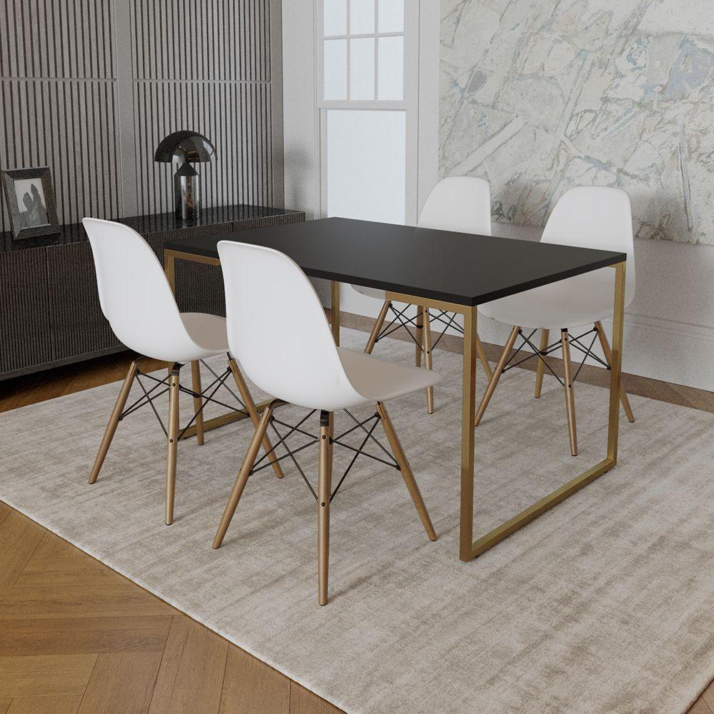 Mesa Jantar Industrial Retangular 137x90cm Preta Base Dourada Com 4 Cadeiras Madeira Br Cor: Preto