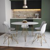 Mesa Jantar Redonda 110cm Branca Clips 3 Pés Com 5 Cadeiras Brancas Base Dourada - Cor: Branco
