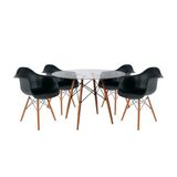 Mesa Sala De Jantar Eiffel Vidro Redonda 110cm Vidro Com 4 Poltronas Pretas Base Madeira Cor: Preto
