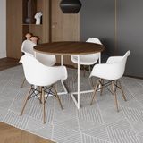 Mesa Jantar Industrial Amêndoa 110cm Redonda Base V Ferro Branco C/4 Poltronas Brancas Made Amendoa