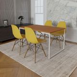 Mesa Industrial Base Ferro Branco Tampo 137x90 Canela 4 Cadeiras Madeira Assento Amarelo Marrom