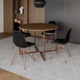 Mesa Industrial Jantar Redonda Amêndoa 110cm Base V Com 4 Cadeiras Eames Pretas Base Cobre Amendoa