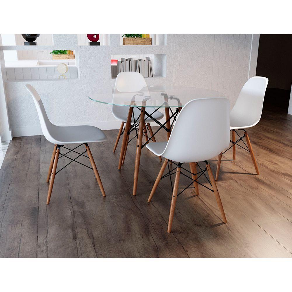 Conjunto De Mesa De Jantar Redonda 90cm Tampo De Vidro Com 4 Cadeiras Brancas - Cor: Branco