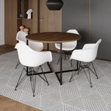 Mesa Industrial Jantar Redonda 110cm Amêndoa Base V Com 4 Poltronas Brancas Ferro Preto Amendoa