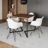 Mesa Industrial Jantar Quadrada Amêndoa 90cm Base V Com 4 Poltronas Brancas Ferro Preto Amendoa