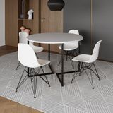 Mesa Industrial Jantar Redonda Branca 110cm Base V Com 4 Cadeiras Eames Brancas Ferro Preto Branco