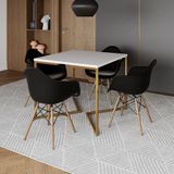 Mesa Jantar Industrial Quadrada 90cm Branca Base V Dourada Com 4 Poltronas Daw Madeira Cor: Branco