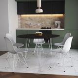 Mesa Jantar Redonda 110cm Preta Clips 3 Pés Com 5 Cadeiras Brancas Ferro Branco - Cor: Preto