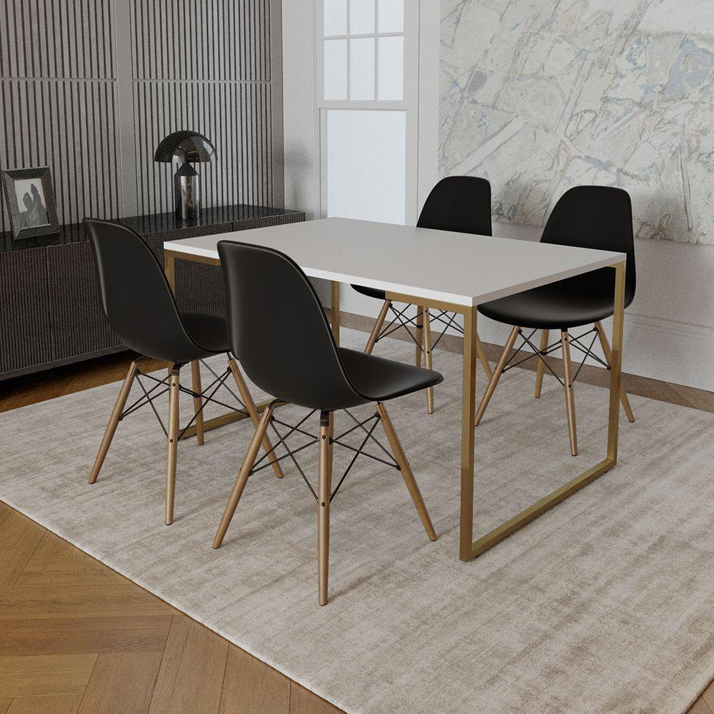 Mesa Jantar Industrial Retangular 137x90cm Branca Base Dourada Com 4 Cadeiras Madeira P Cor: Branco