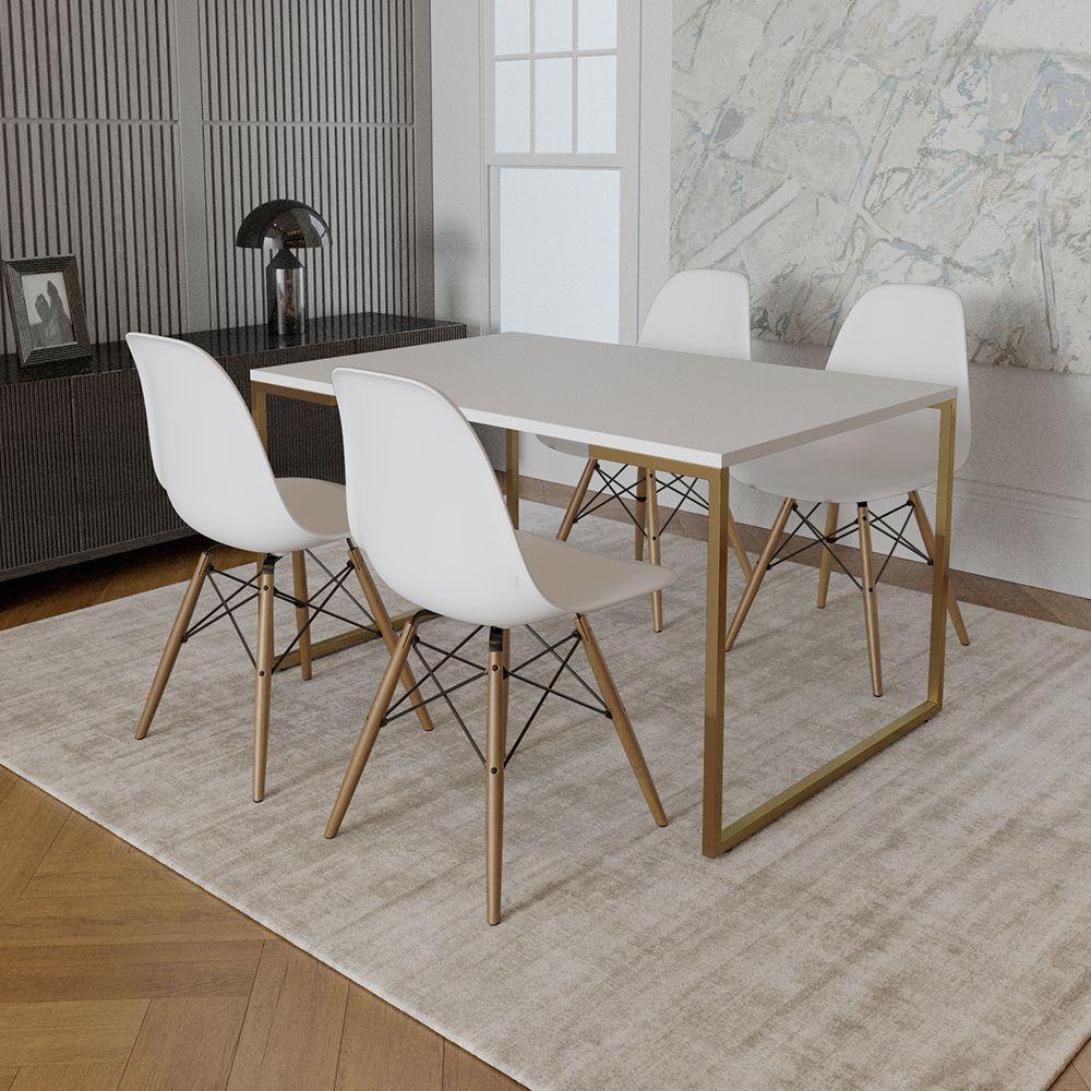 Mesa Jantar Industrial Retangular 137x90cm Branca Base Dourada Com 4 Cadeiras Madeira B Cor: Branco