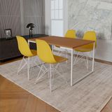 Mesa Industrial Base Ferro Branco Tampo 137x90 Canela 4 Cadeiras Ferro Branco Assento Amarelo Marrom