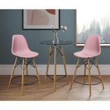 Mesa Bistrô Eames Eiffel Vidro Com 2 Banquetas Rosas De Madeira - Cor: Rosa