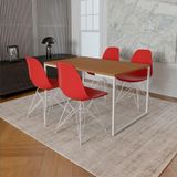 Mesa Industrial Base Ferro Branco Tampo 137x90 4 Cadeiras Ferro Branco Assento Vermelho Marrom