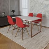 Mesa Industrial Base Ferro Cobre Tampo 137x90 Branco 4 Cadeiras Madeira Assento Vermelho Branco
