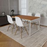 Mesa Industrial Base Ferro Branco Tampo 137x90 Canela 4 Cadeiras Madeira Assento Branco Marrom
