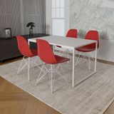 Mesa Industrial Base Ferro Branco Tampo 137x90 Branco 4 Cadeiras Ferro Branco Assento Vermelho