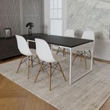 Mesa Industrial Base Ferro Branco Tampo 137x90 Preto 4 Cadeiras Madeira Assento Branco Preto