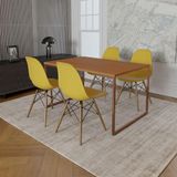 Mesa Industrial Base Ferro Cobre Tampo 137x90 Canela 4 Cadeiras Madeira Assento Amarelo Marrom