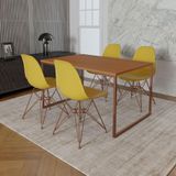 Mesa Industrial Base Ferro Cobre Tampo 137x90 Canela 4 Cadeiras Ferro Cobre Assento Amarelo Marrom