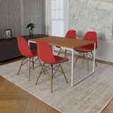 Mesa Industrial Base Ferro Branco Tampo 137x90 Canela 4 Cadeiras Madeira Assento Vermelho Marrom