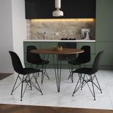 Mesa Jantar Redonda 110cm Amêndoa Clips 3 Pés Com 4 Cadeiras Pretas Ferro Preto - Cor: Amendoa