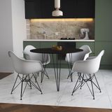 Mesa Jantar Redonda 110cm Preta Clips 3 Pés Com 4 Poltronas Brancas Ferro Preto - Cor: Preto