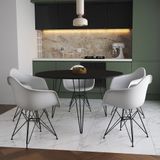 Mesa Jantar Redonda 110cm Preta Clips 3 Pés Com 5 Poltronas Brancas Ferro Preto - Cor: Preto