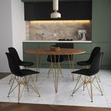 Mesa Jantar Redonda 110cm Amêndoa Clips 3 Pés Com 5 Cadeiras Pretas Base Dourada - Cor: Amendoa