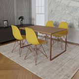 Mesa Industrial Base Ferro Cobre Tampo 137x90 Amêndoa 4 Cadeiras Ferro Cobre Assento Amarelo Marrom