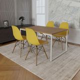 Mesa Industrial Base Ferro Branco Tampo 137x90 Amêndoa 4 Cadeiras Madeira Assento Amarelo Marrom