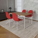 Mesa Industrial Base Ferro Branco Tampo, Amêndoa 4 Cadeiras Ferro Branco Assento Vermelho Marrom