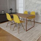 Mesa Industrial Base Ferro Cobre Tampo 137x90 Amêndoa 4 Cadeiras Madeira Assento Amarelo Marrom