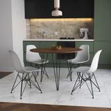Mesa Jantar Redonda 110cm Amêndoa Clips 3 Pés Com 4 Cadeiras Brancas Ferro Preto - Cor: Amendoa