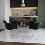 Mesa Jantar Redonda 110cm Amêndoa Clips 3 Pés Com 4 Poltronas Pretas Ferro Branco - Cor: Amendoa