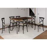 Mesa De Jantar Industrial Com 6 Cadeiras Katrina Preto Trama Premium Amêndoa 150 Cm - Preto