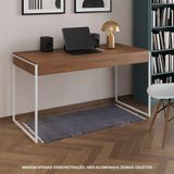 Escrivaninha Industrial Madeira Padrão Office Amêndoa 137x53cm Com Base Em Ferro Branco