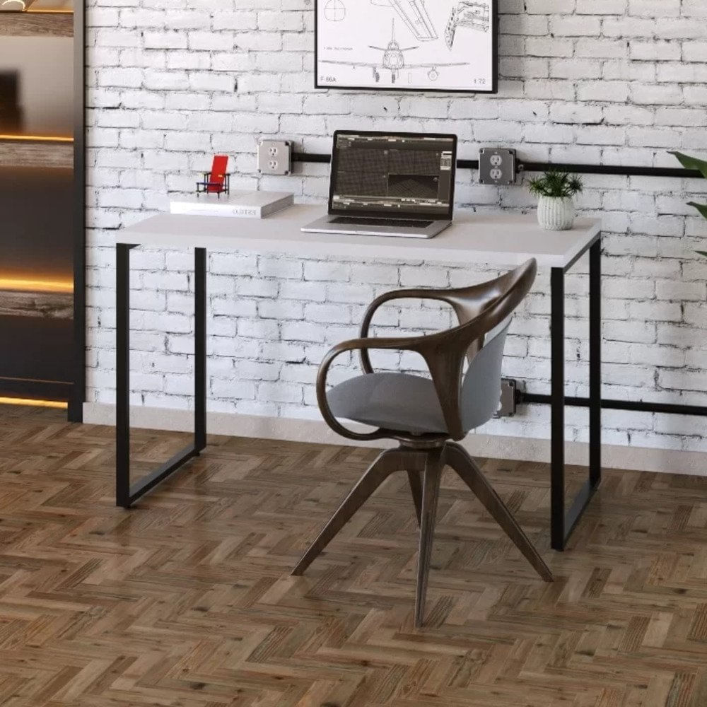 Mesa Para Escritório Office Estilo Industrial 120cm Kuadra Compace Branco Chess