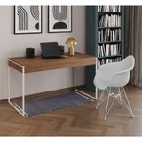 Escrivaninha Industrial Office Estudo Malta Amêndoa 137x53cm Com 1 Poltrona Branca Base Cor: Amendoa