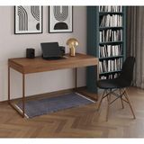 Mesa De Escritório Industrial Malta Amêndoa 137x53cm Base Cobre Com 1 Cadeira Preta Mad Cor: Amendoa