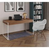 Escrivaninha Home Office Estilo Industrial Amêndoa 137x53cm Ferro Branco Com 1 Poltrona Branca
