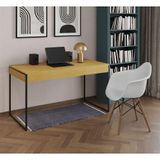 Escrivaninha Home Office Estilo Industrial Canela 137x53cm Ferro Preto Com 1 Poltrona Branca