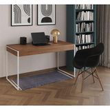 Escrivaninha Home Office Estilo Industrial Amêndoa 137x53cm Ferro Branco Com 1 Poltrona Preta